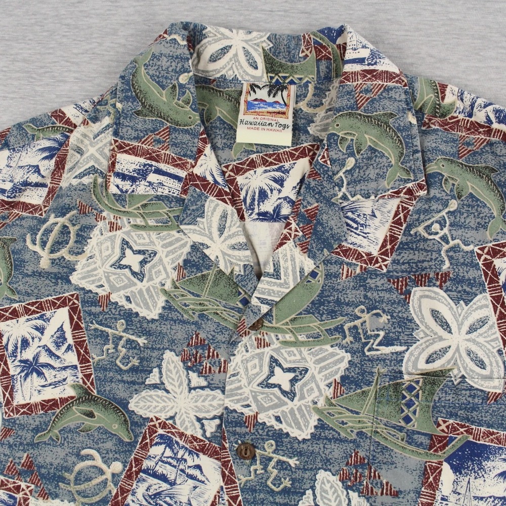 Hawaiian Togs Hawaiian Shirt Mens L Blue Red Short Sleeve Cotton